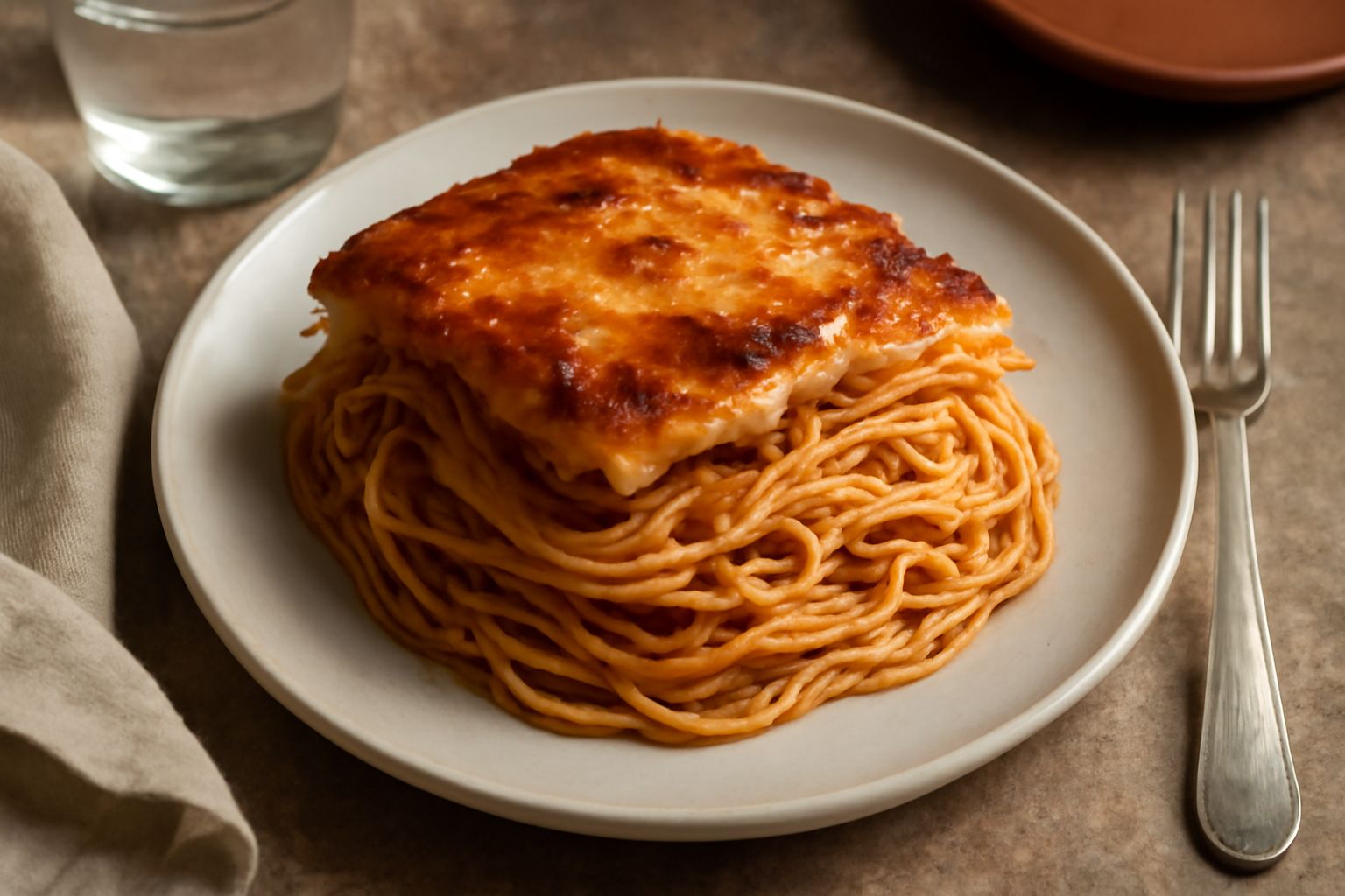 Vermicelli al forno in una pirofila di ceramica bianca, croccanti e dorati in superficie con bordi caramellati, formaggio fuso visibile, al naturale senza contorno