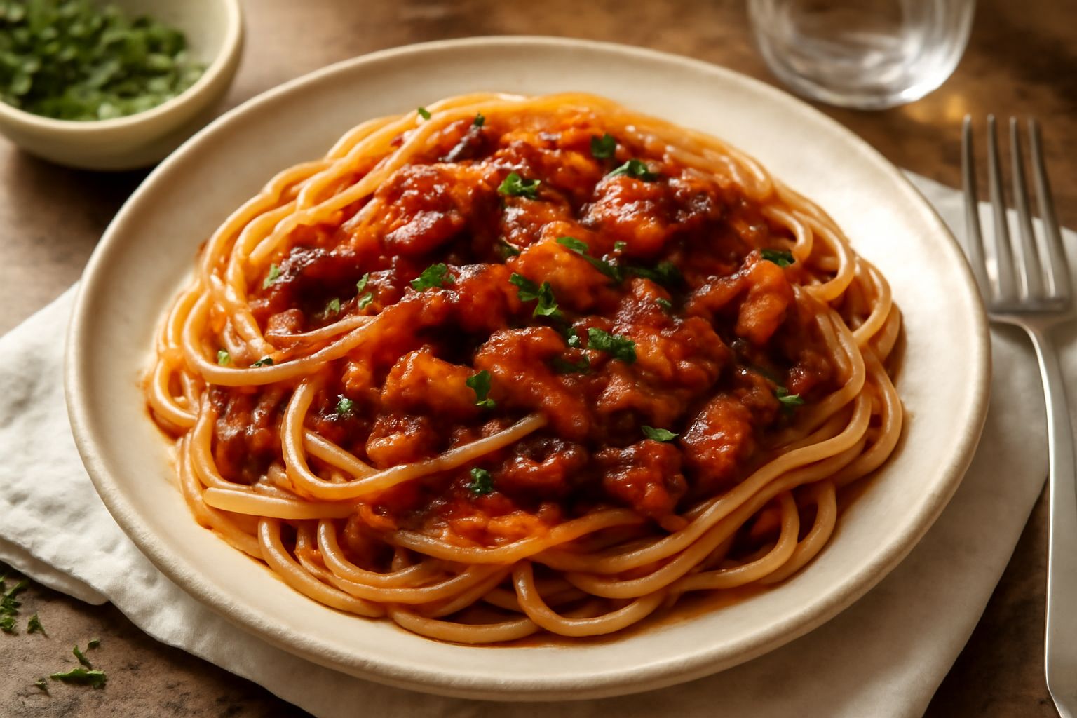Piatto bianco con vermicelli avvolti con forchetta, ricoperti di sugo scuro con pezzi di polpo rosato, guarniti con prezzemolo verde fresco e gocce di olio d'oliva lucido.