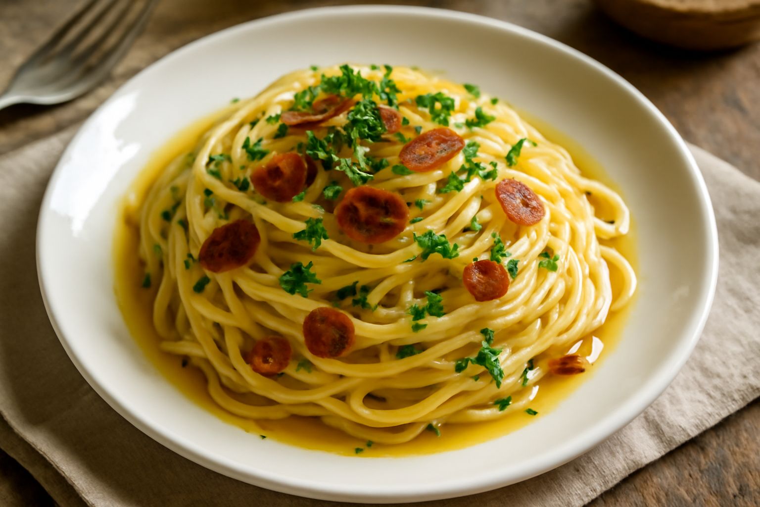Piatto di vermicelli bianchi con aglio dorato e olio, guarnito di prezzemolo fresco verde, su fondo bianco con forcella