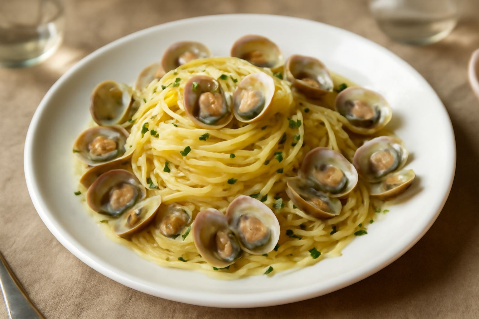 Piatto di vermicelli bianchi con vongole aperte, aglio dorato e prezzemolo fresco verde, con gocce di olio trasparente, servito in ciotola bianca su superficie scura