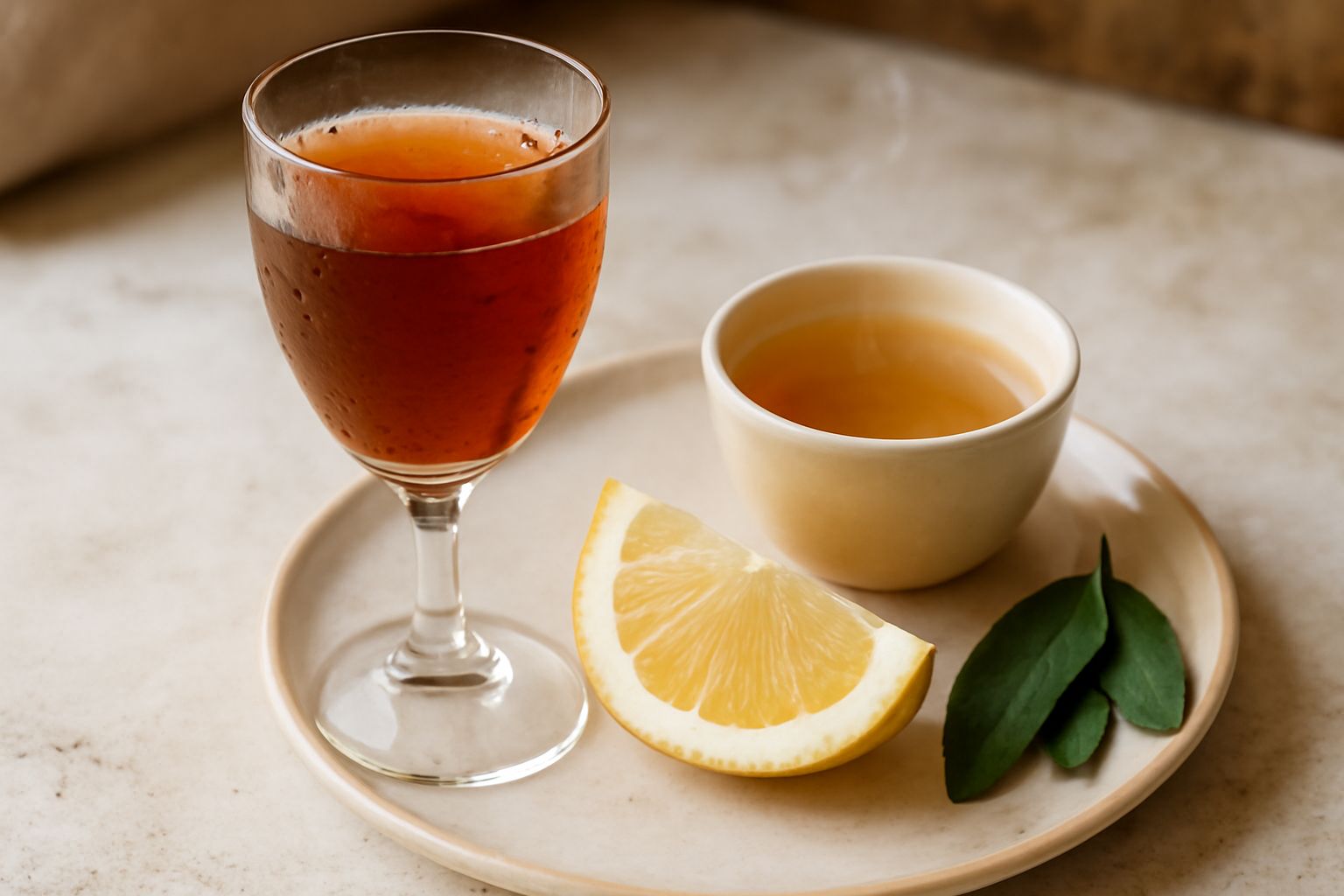 Bicchiere di vermouth rosso con ghiaccio e fetta di limone, accanto a una padella con pesce fresco e erbe aromatiche fresche su tavolo di legno