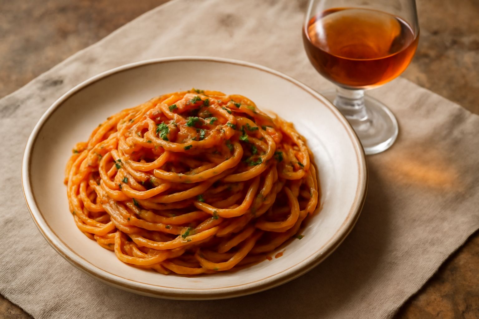 Bicchiere trasparente riempito di vermouth calabrese color ambrato, con una fetta di limone gialla sul bordo, su un sottobicchiere di legno, con una bottiglia sfocata sullo sfondo