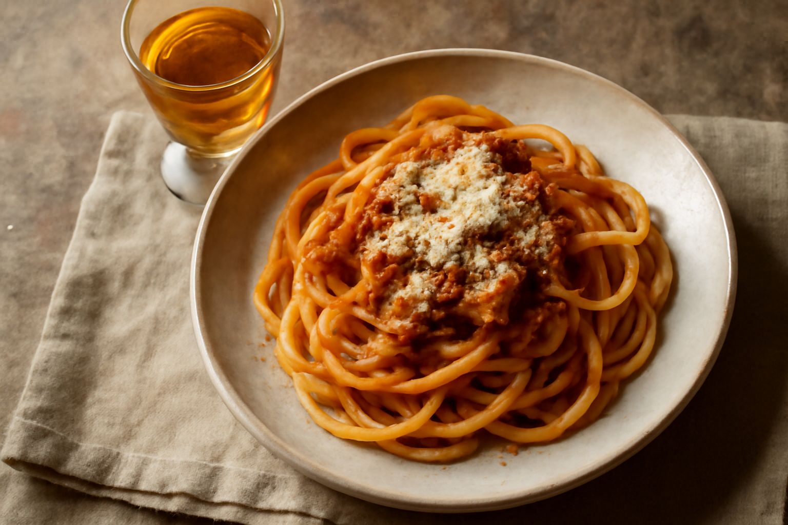 Bicchiere di vermouth d'Abruzzo color ambrato con riflessi dorati, guarnito di scorza di limone arricciata, servito in coppa da aperitivo con sfondo di erbe secche e bottiglie di vino