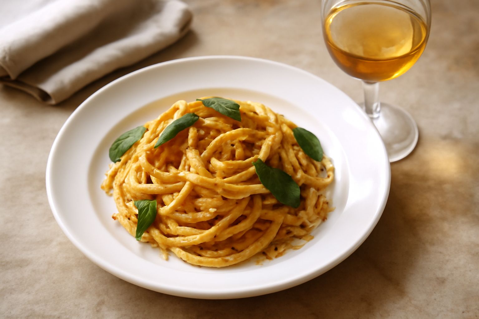 Bicchiere di Vermouth d'Asti di colore giallo dorato con sfumature ambrate, servito con cubetti di ghiaccio e fetta di scorza d'arancia, su fondo di legno scuro con bottiglie di ingredienti sullo sfon