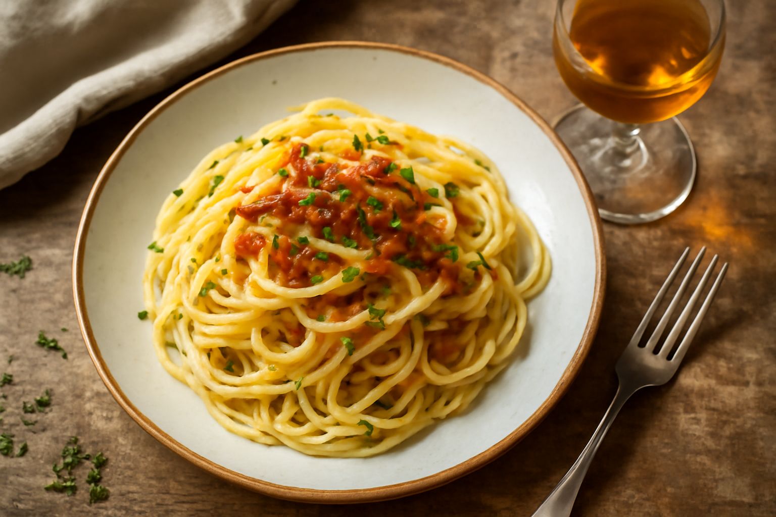 Bottiglia di vetro trasparente contenente vermouth color ambrato con erbe secche visibili, circondata da rametti di artemisia e ginepro, su sfondo di legno scuro