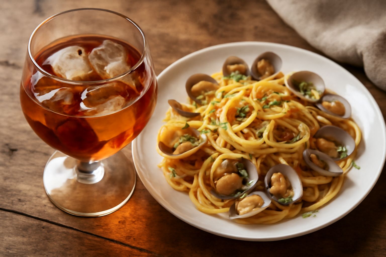 Bicchiere di vermouth di Calangianus color ambrato con sfumature dorate, ghiaccio e una fetta di scorza di limone, su un tavolo in legno naturale accanto a una bottiglia scura