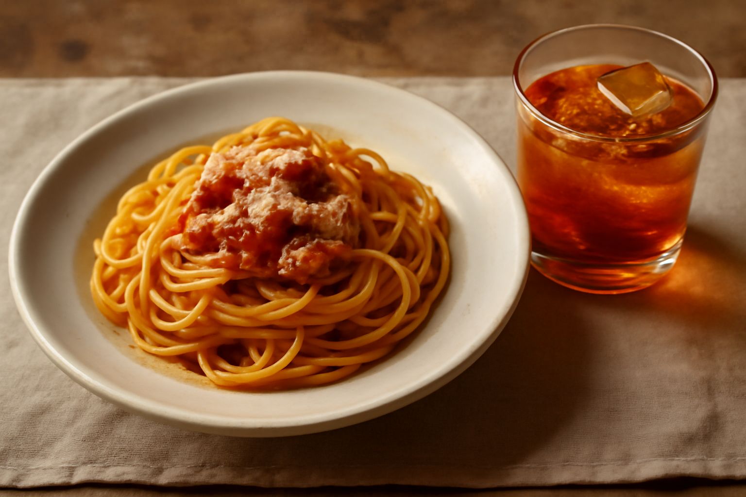 Bicchiere di vermouth di erbe color ambrato con ghiaccio e scorza d'arancia, davanti a una bottiglia scura e a mucchietti di erbe secche su tavolo di legno