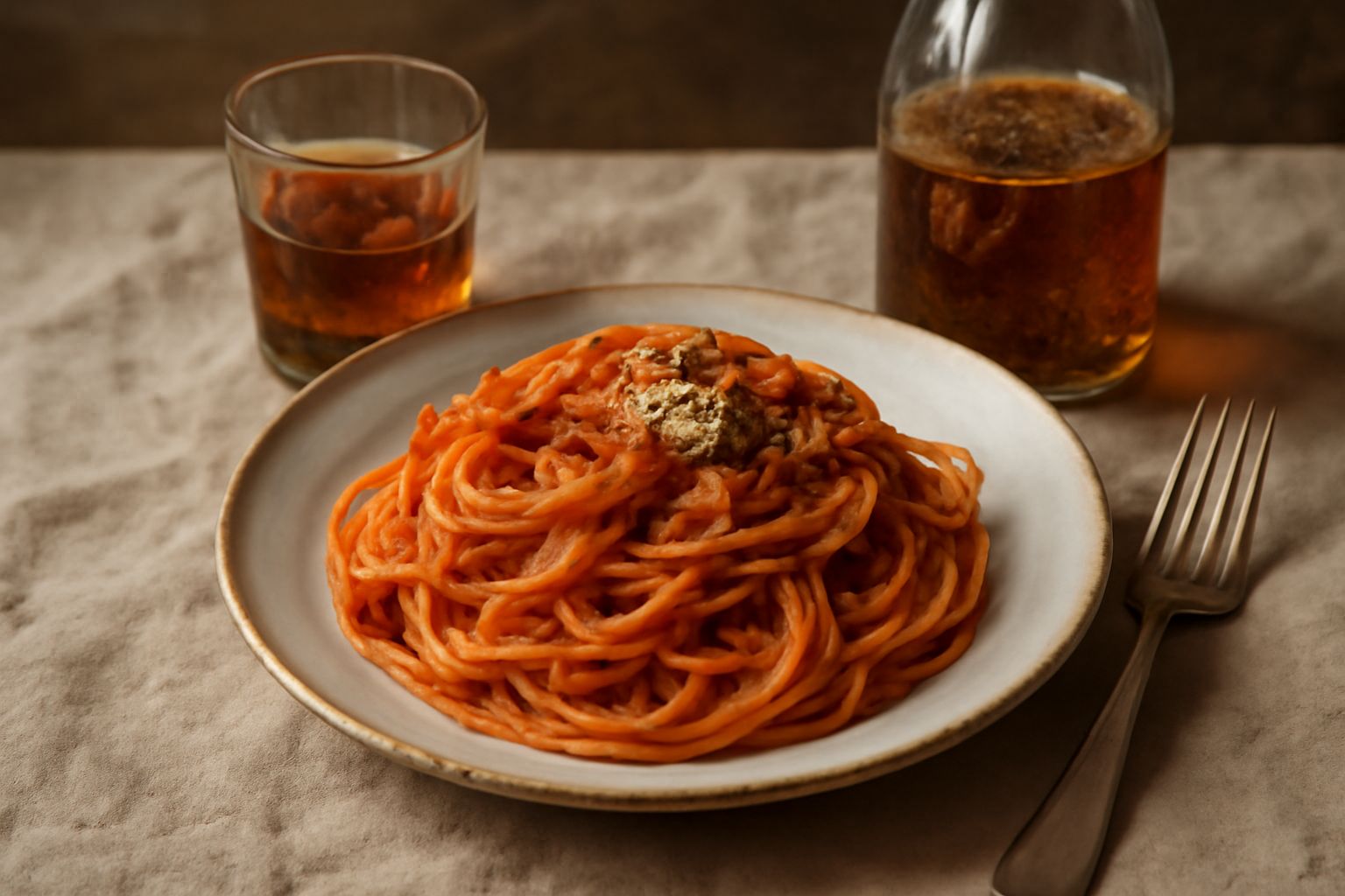 Bottiglia di vetro trasparente con vermouth ambrato, erbe secche di camomilla e artemisia visibili dentro, accanto a un bicchiere con liquore trasparente dorato e una fetta di limone