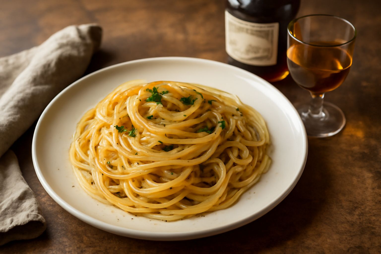 Bicchiere di vermouth di Gorizia color ambrato con sfumature dorate, servito con ghiaccio e una fetta di limone, su uno sfondo di erbe aromatiche secche e bottiglie in vetro