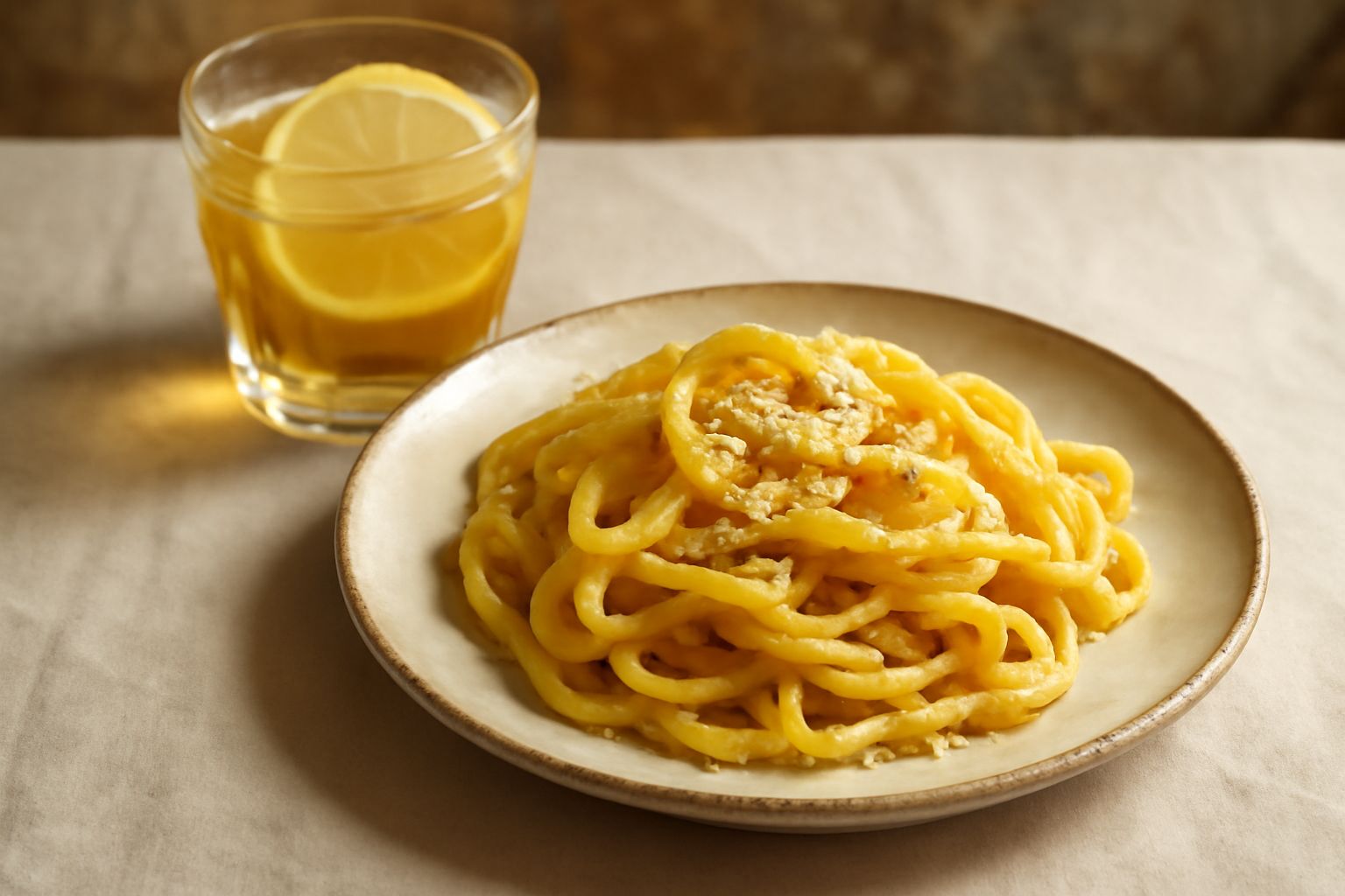 Bicchiere di vermouth color ambra chiaro su tavolo di legno, con una fetta di limone fresca sul bordo e una bottiglia scura sullo sfondo leggermente sfocata, ghiaccio trasparente visibile nel bicchier
