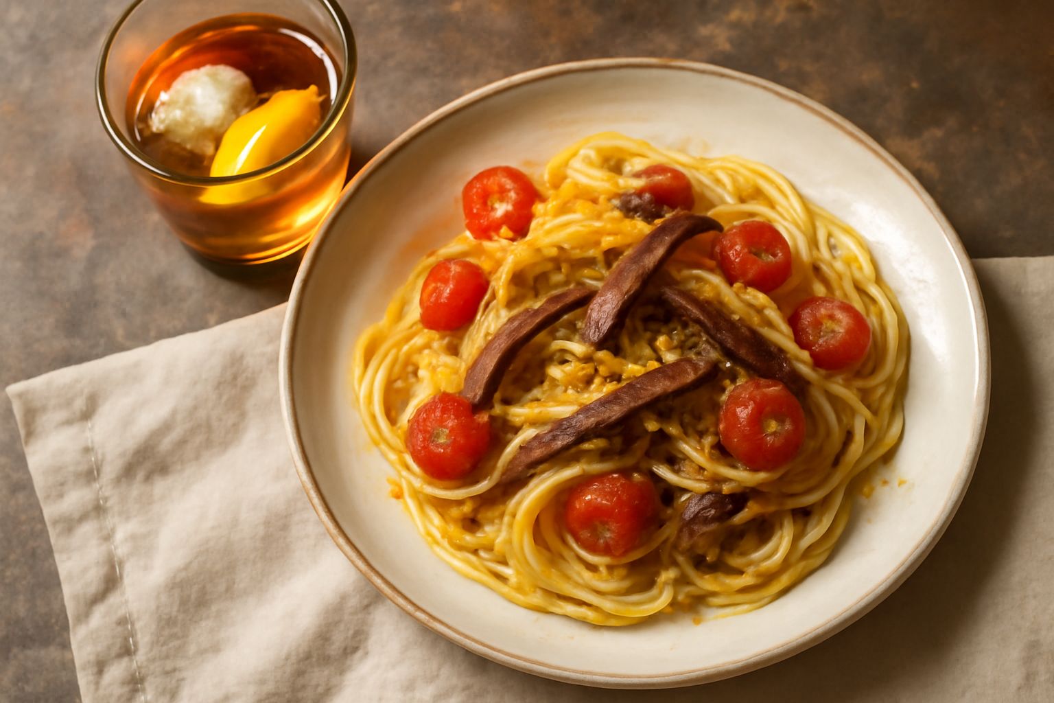 Bicchiere di vermouth color ambrato con ghiaccio e fetta di limone, bottiglia scura sullo sfondo, erbe aromatiche secche sparse sul tavolo