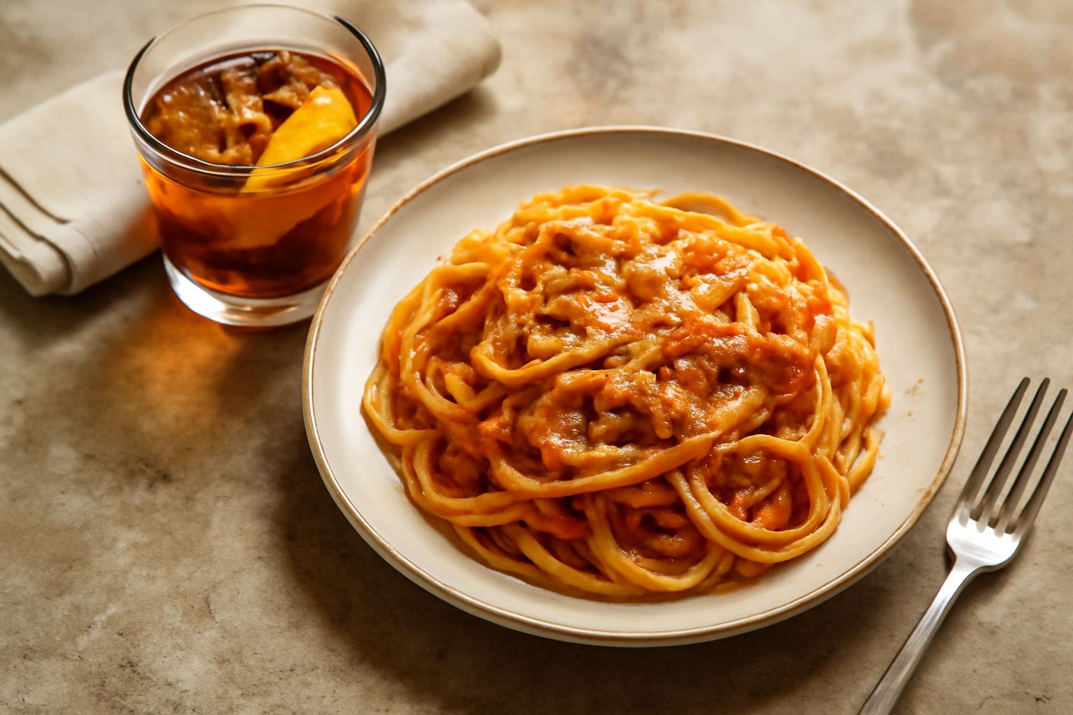 Bicchiere trasparente con vermouth ambrato di Sicilia, ghiaccio e una fetta di limone, accanto a una bottiglia di vetro scuro con erbe essiccate visibili all'interno