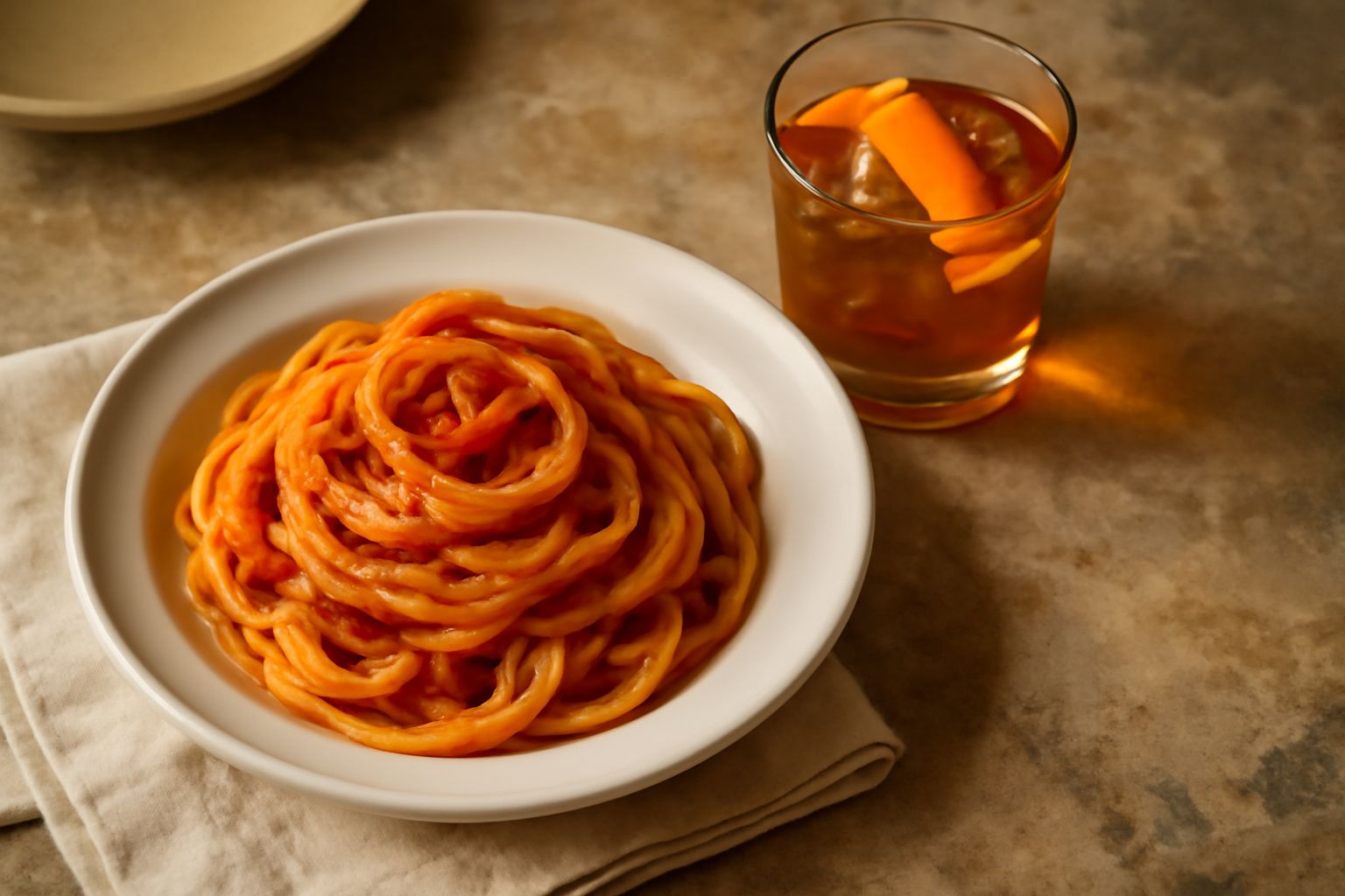 Bicchiere con vermouth di Torino color ambrato, ghiaccio e buccia d'arancia, accanto a una bottiglia di vetro scuro, erbe essiccate e spezie sparse su tavolo di legno