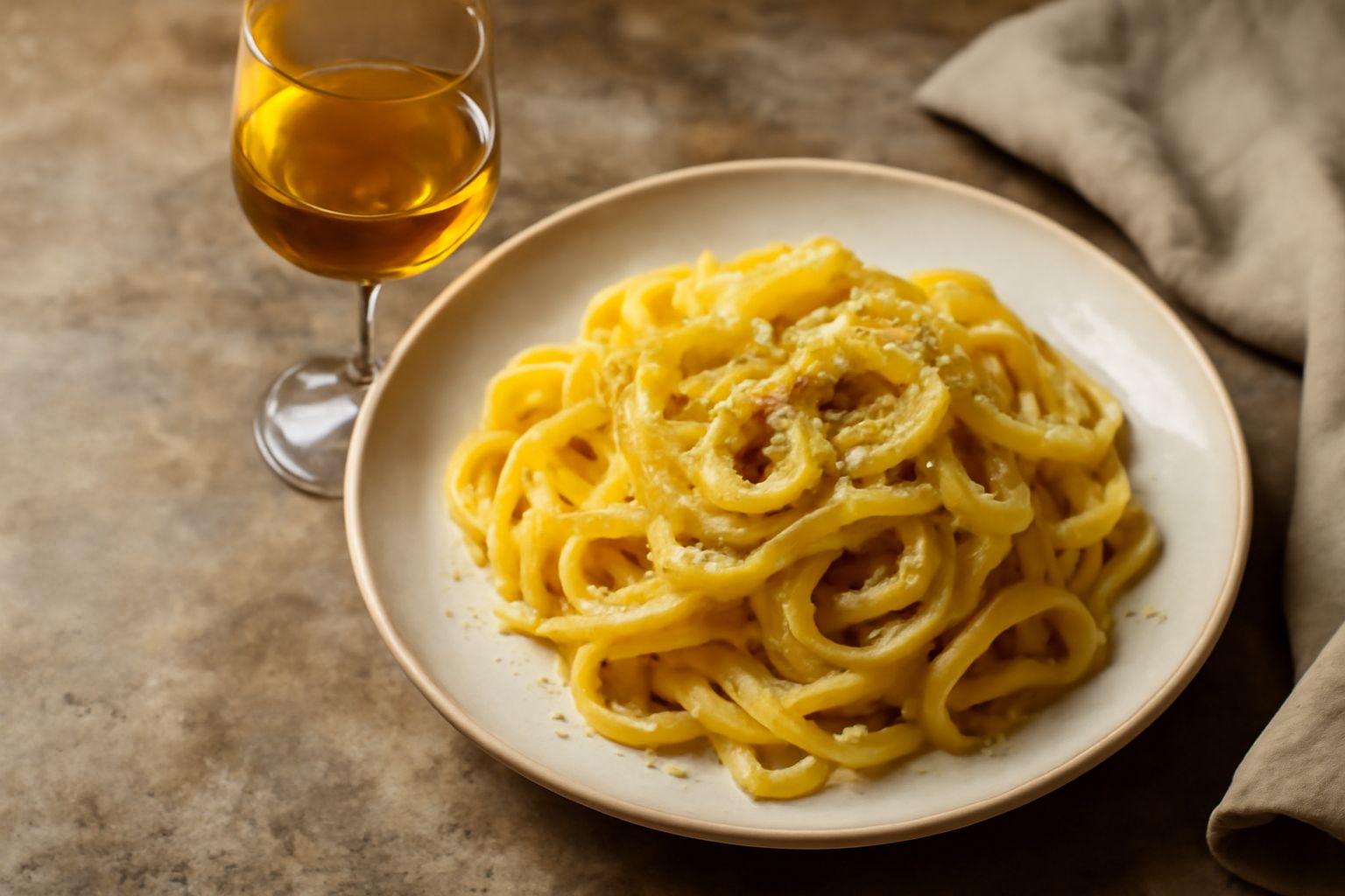 Bicchiere trasparente con vermouth color ambra chiaro, una fetta di buccia di limone arricciata sul bordo, sfondo sfocato con bottiglie di vino e erbe aromatiche fresche su tavolo in legno