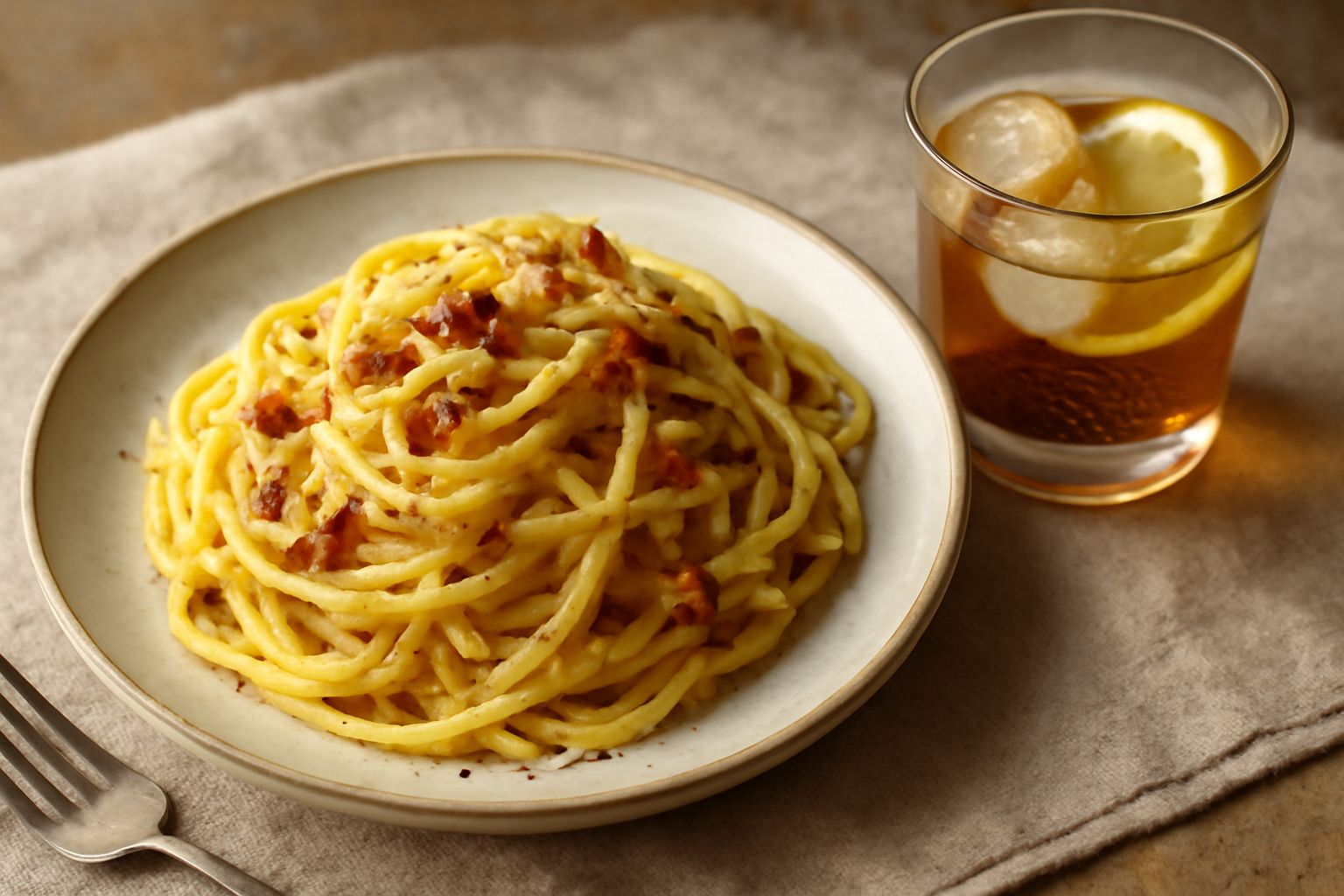 Bicchiere di vermouth color ambrato con ghiaccio, foglie di menta e buccia di limone, accanto a una bottiglia scura di vermouth artigianale e un fascetto di erbe secche su un tavolo di legno