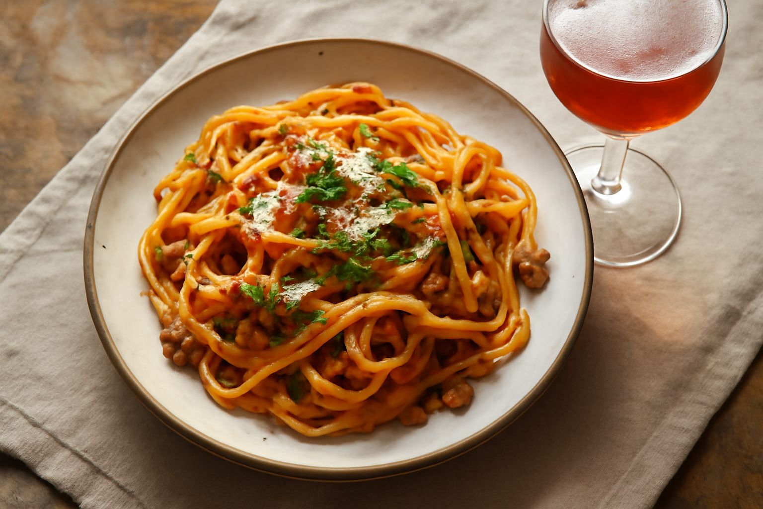 Bicchiere di vermouth friulano con ghiaccio e una fetta di limone, con sfondo sfocato di bottiglie e erbe aromatiche fresche