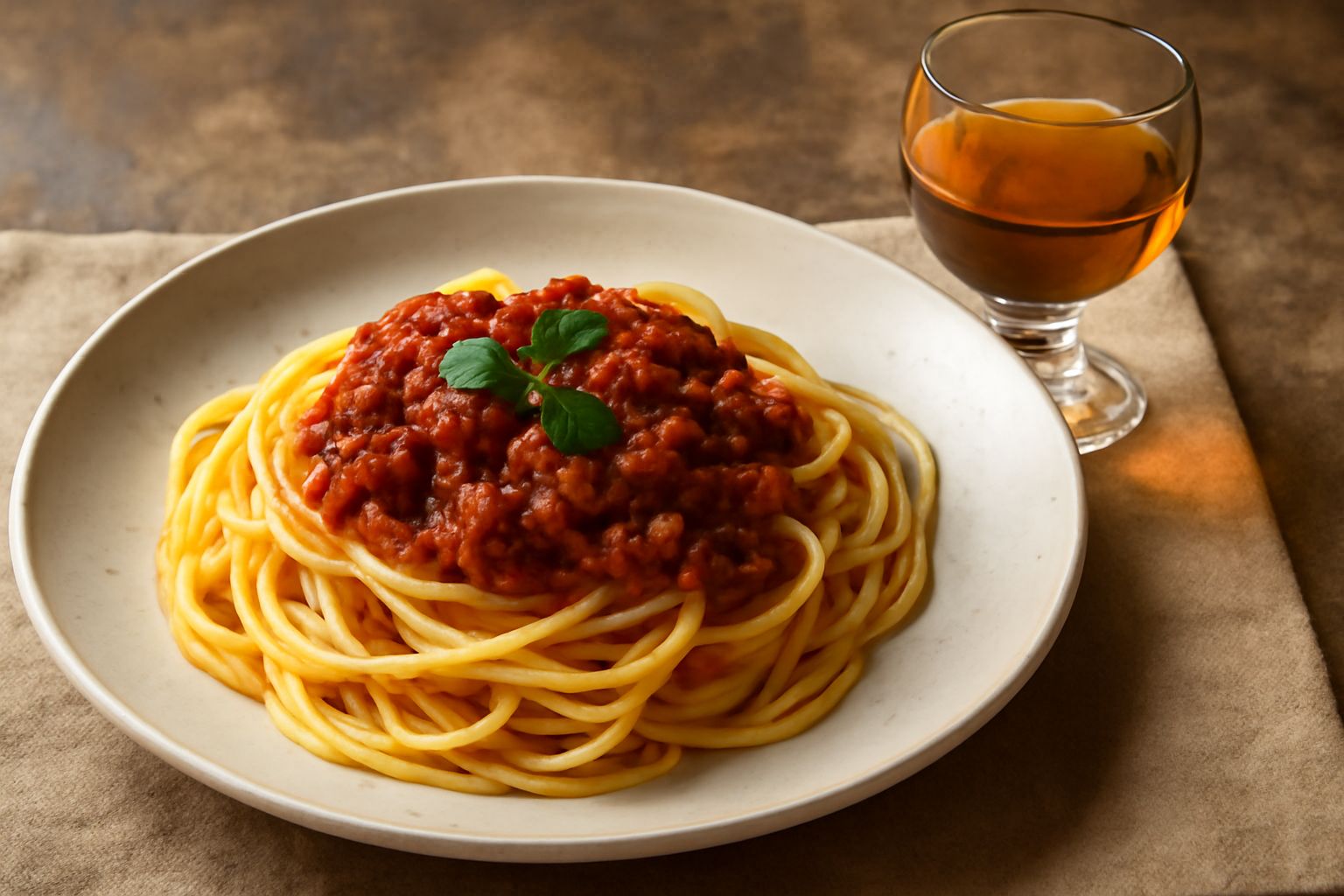 Bicchiere di vermouth dorato con ghezzo e rametto di rosmarino fresco su un tavolo di legno chiaro, con una bottiglia di vetro trasparente sullo sfondo contenente infuso di erbe aromatiche