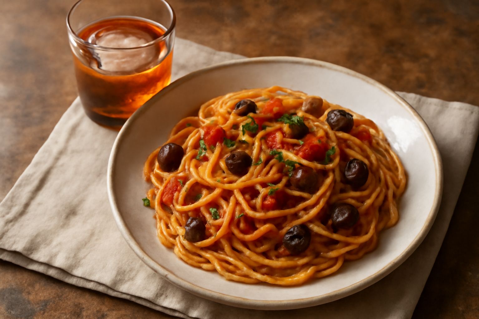 Bicchiere di vermouth lucano color ambrato con ghiaccio e scorza di limone, bottiglia di vetro scuro sullo sfondo, erbe aromatiche fresche sparse accanto