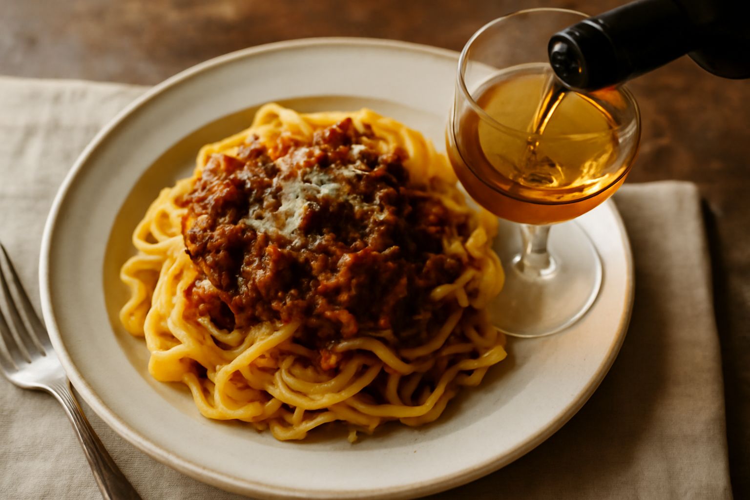 Bicchiere di vermouth modenese color ambrato con sfumature dorate, guarnito con buccia d'arancia e rametto di rosmarino fresco, su superficie in legno con bottiglie di vino bianco sullo sfondo