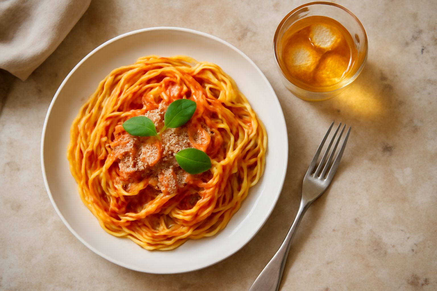 Bicchiere di vermouth molisano di colore dorato chiaro con ghiaccio, limone e una schiuma sottile in superficie, servito su una tavola bianca con una bottiglia sullo sfondo