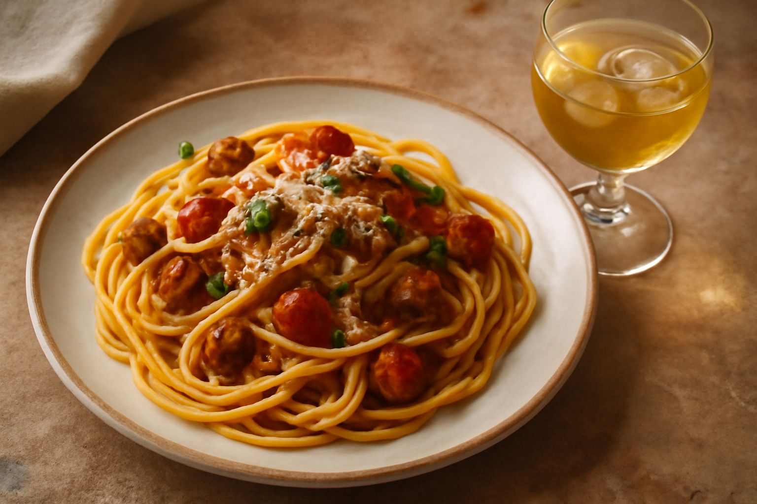 Calice di vermouth secco giallo-ambrato con cubetto di ghiaccio e buccia di limone arricciata, servito su tavolo di legno scuro, sfondo sfumato