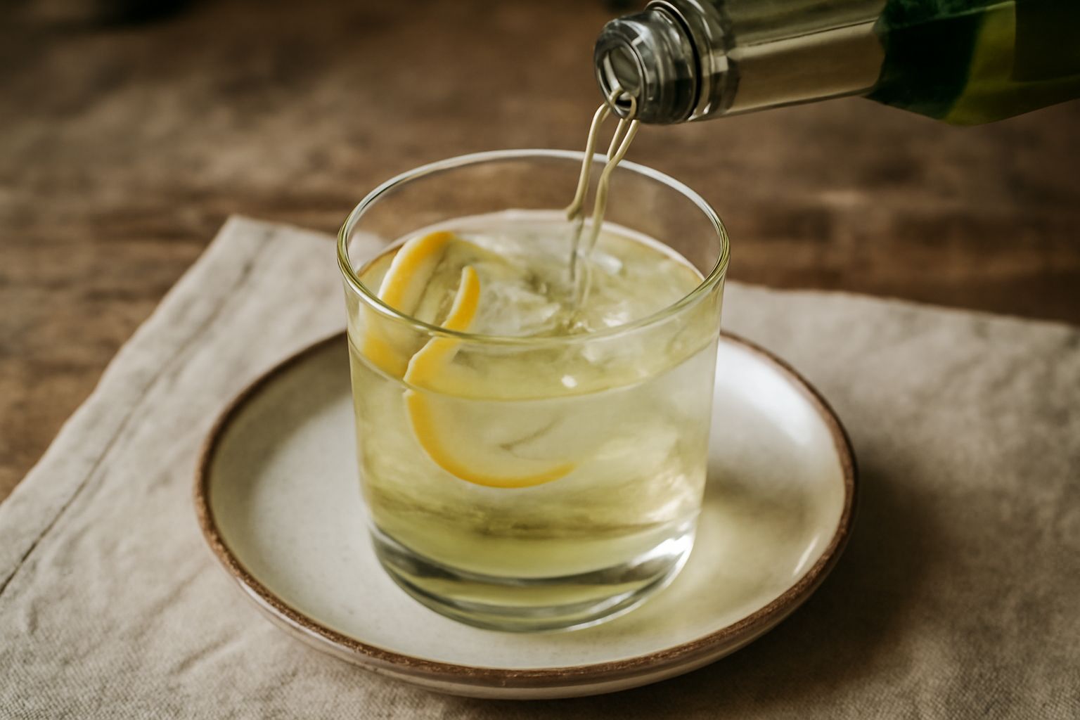 Bicchiere di vermouth secco astigiano ghiacciato con fetta di limone e rametto di rosmarino su tavolo di legno, accanto a bottiglie di vermouth e ingredienti freschi