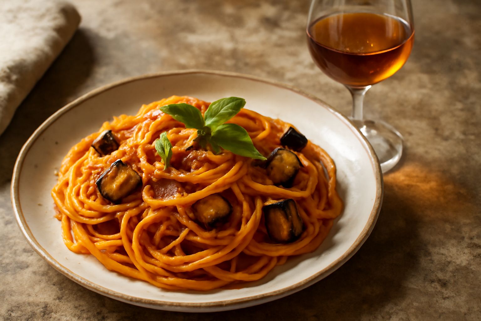 Bicchiere trasparente di vermouth siciliano color ambrato con riflessi dorati, guarnito con buccia di limone arricciata e rametto di rosmarino fresco, su sfondo bianco neutro con bottiglia di vino bia