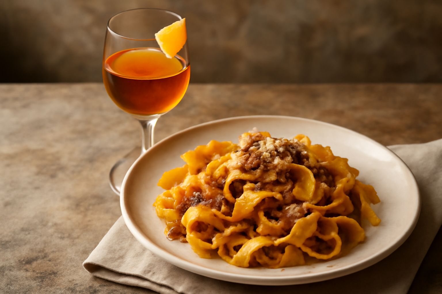 Bottiglia di vetro scuro con vermouth toscano di colore ambrato, contornata da rametti di salvia e artemisia, con una coppa in cristallo piena del liquore sul tavolo di legno