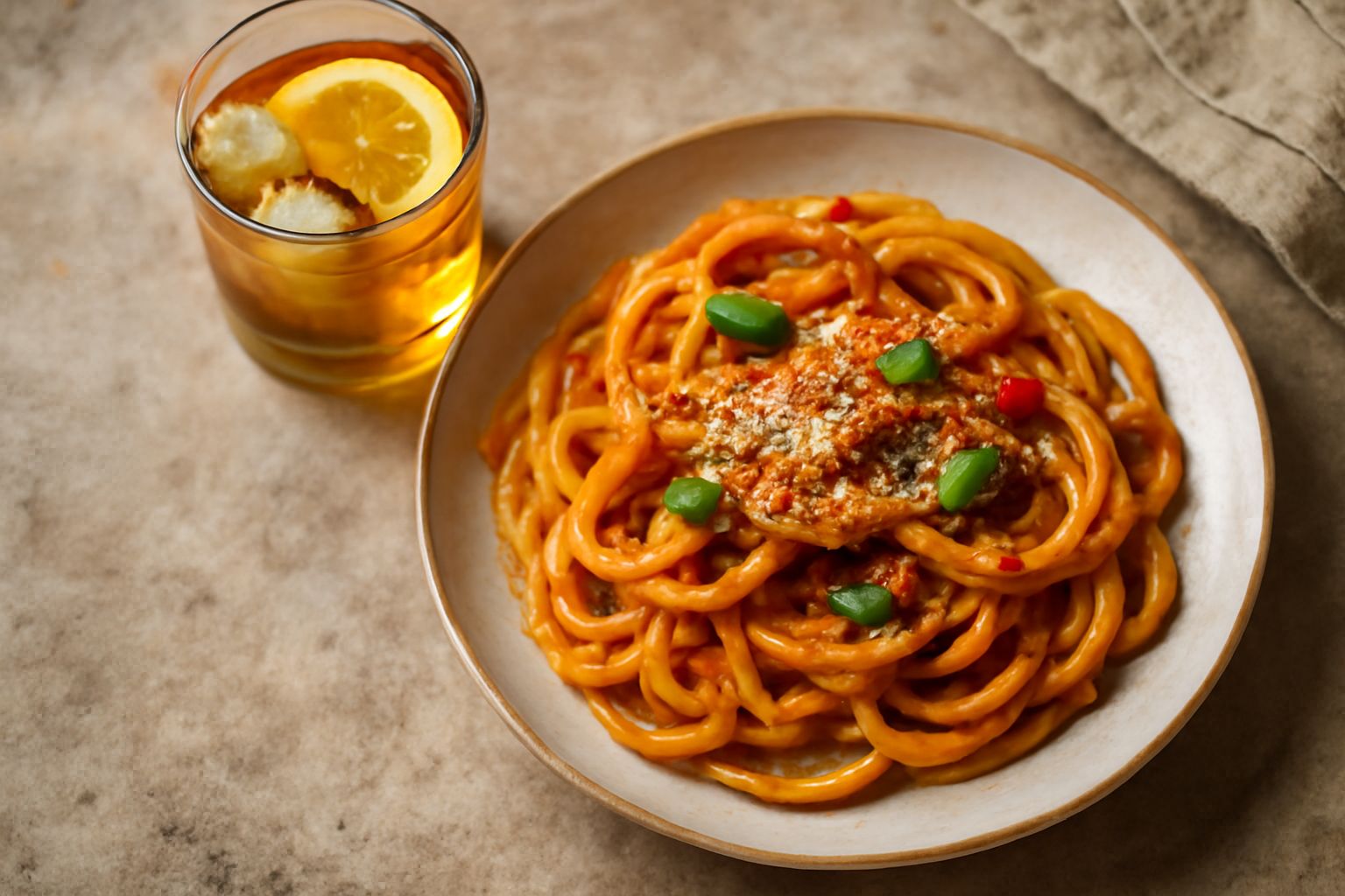 Bicchiere di vermouth trentino color ambrato trasparente con cubetti di ghiaccio, guarnito con una fetta di limone e rametto di rosmarino fresco, su tavolo di legno bianco con bottiglie di vino bianco