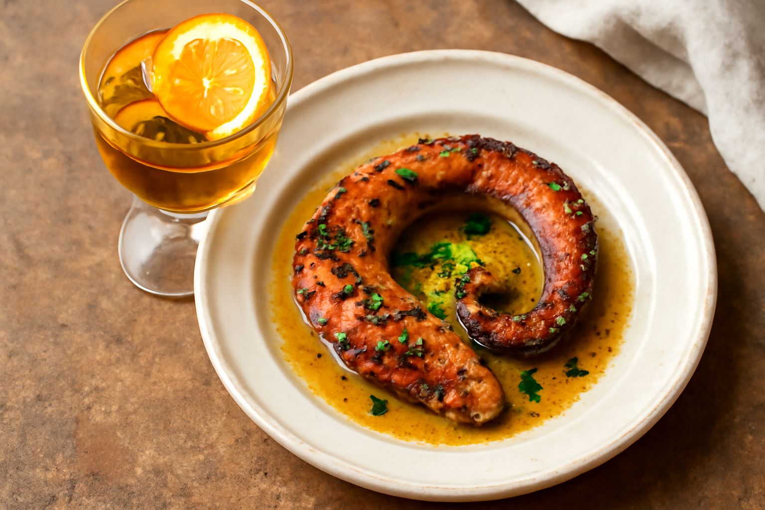 Bicchiere di vermut di Torino color ambrato con una fetta di limone e cubetti di ghiaccio, insieme a bottiglie di vino bianco e barattoli con erbe aromatiche secche sullo sfondo