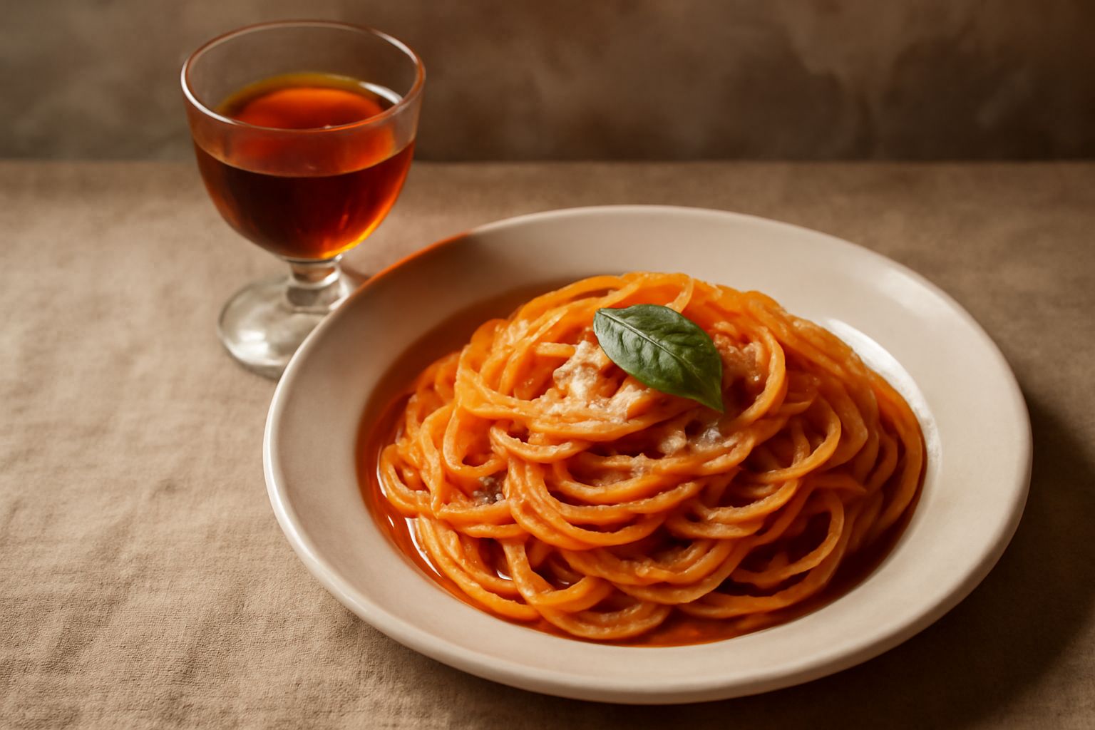 Bicchiere di vermut rosso piemontese con sfumature arancio e marroni, guarnito con scorza d'arancia, accanto a una bottiglia e erbe aromatiche fresche su fondo di legno scuro