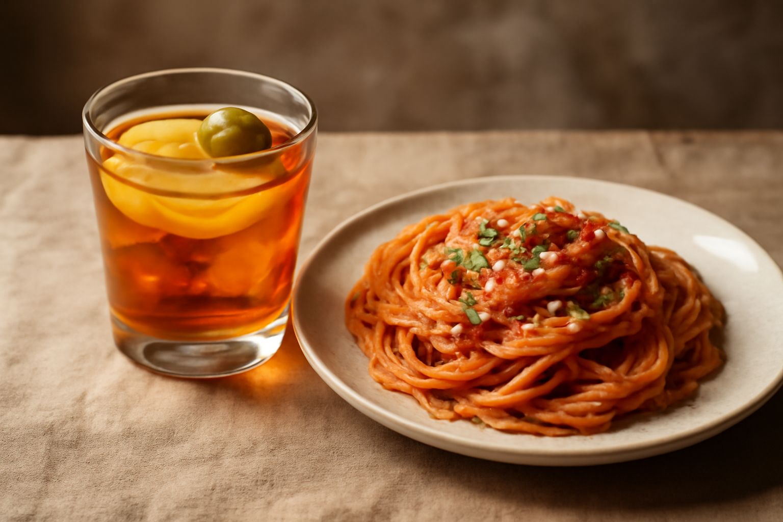 Bicchiere di vermut sardo color ambrato con ghiaccio trasparente, fetta di limone fresco e un'oliva verde su bastoncino, su tavolo con luce naturale