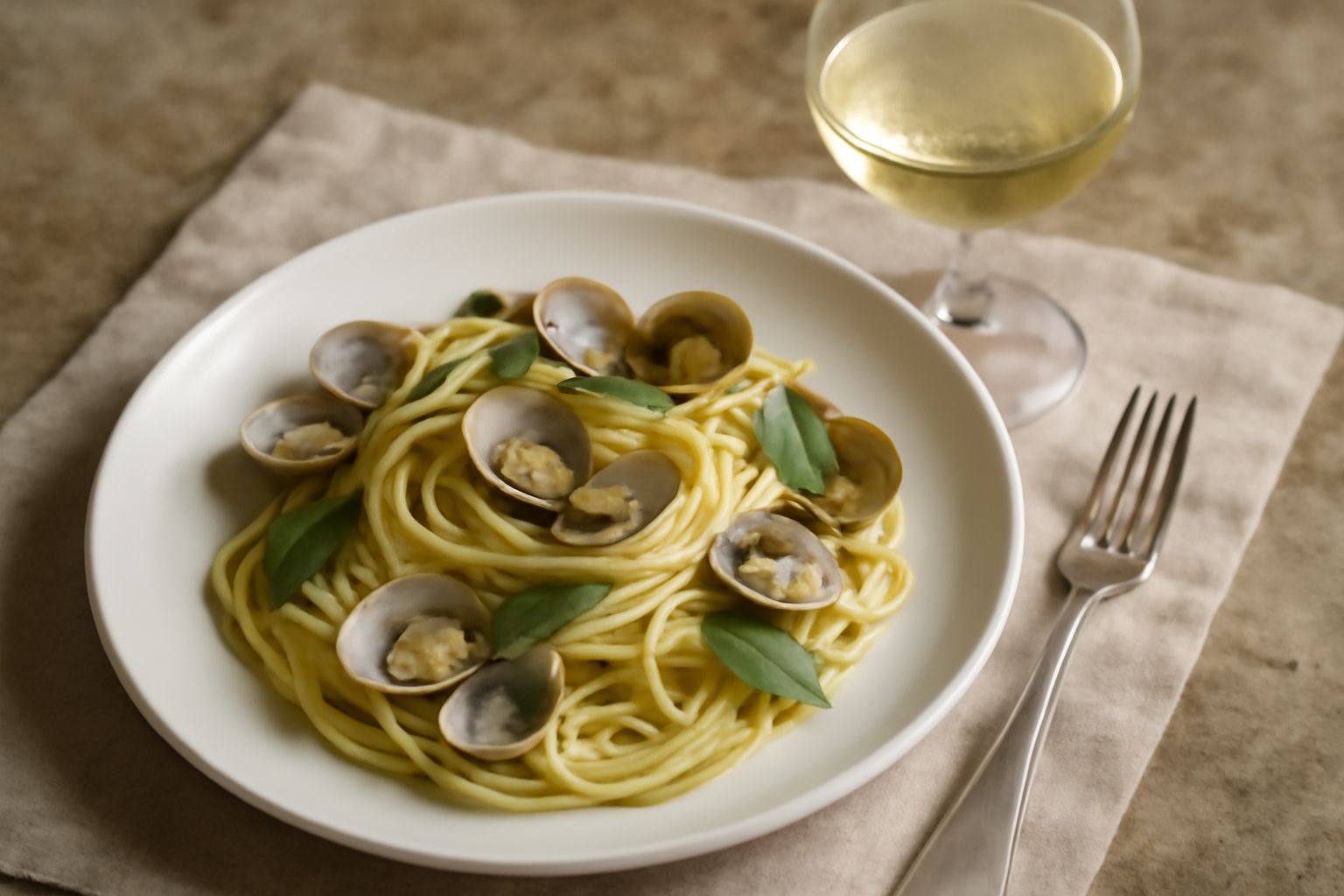 Calice di vino bianco Vernaccia trasparente dal colore giallo paglierino, con accenno verdognolo, su tavolo di legno scuro con sfondo di carciofi e filetto di pesce crudo