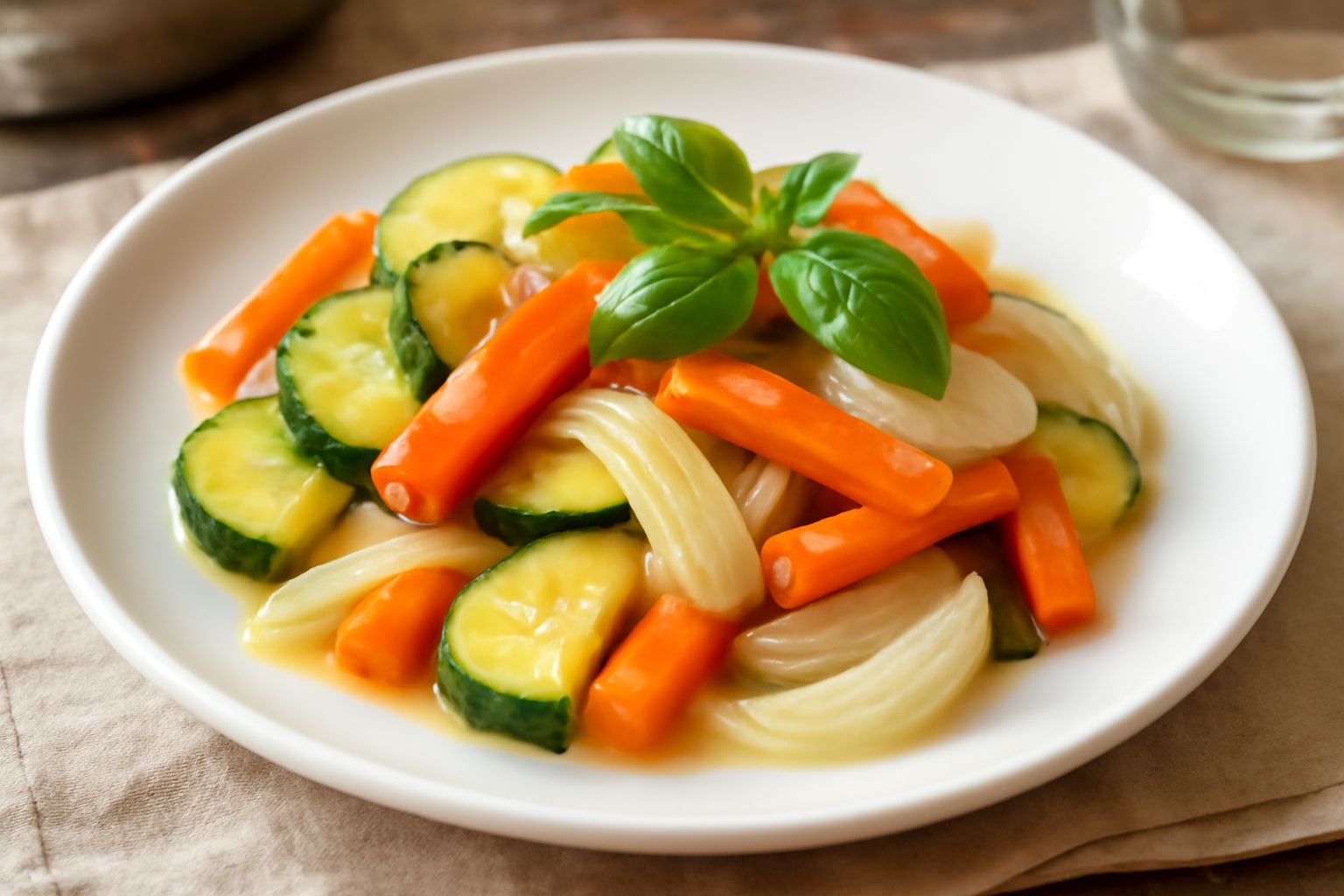 Piatto di verdure sfumate in bianco, con zucchine, carote e cipolla, vapore leggero che sale dal piatto, bicchiere di vino bianco secco sullo sfondo, erbe aromatiche fresche sparse