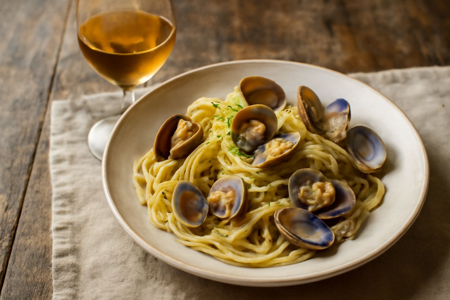 Calice di Vernaccia di Oristano dal colore giallo paglierino con riflessi dorati, su tavolo di legno con piatto di pesce al forno e limone fresco