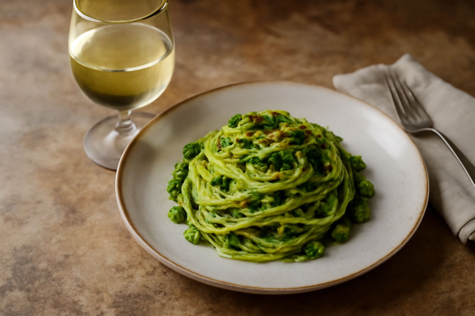 Calice di vino Vernaccia di San Gimignano di colore giallo paglierino, posto su una tavola di legno con una bottiglia sullo sfondo e torri medievali in lontananza