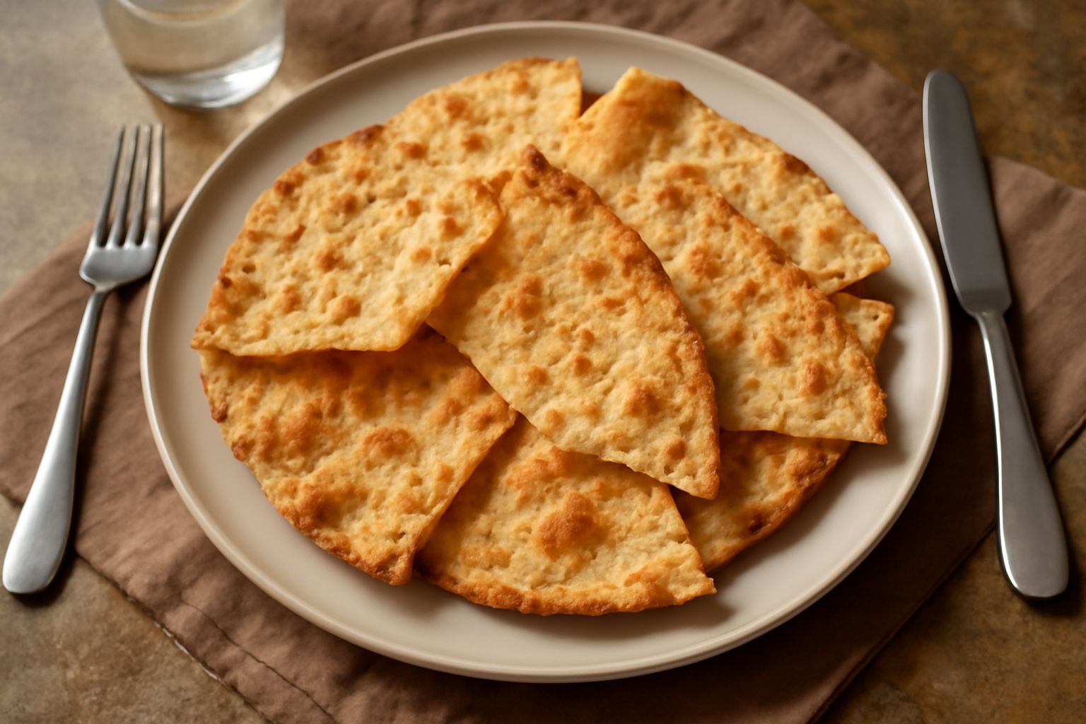 Vernaccia di Serrungarina dorata e croccante spezzata in pezzi su un tavolo di legno, con briciole visibili, al fianco un bicchiere d'acqua trasparente