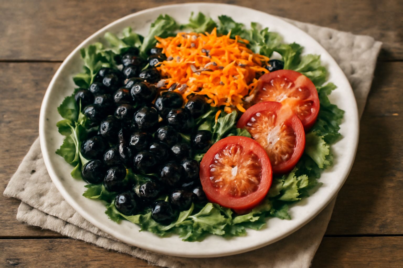 Insalata con Vernaccia Nera tostata, chicchi scuri su verdure fresche verde scuro, pomodori rossi, semi di girasole e vinaigrette color ambra su piatto bianco, con grappolo d'uva fresco a lato