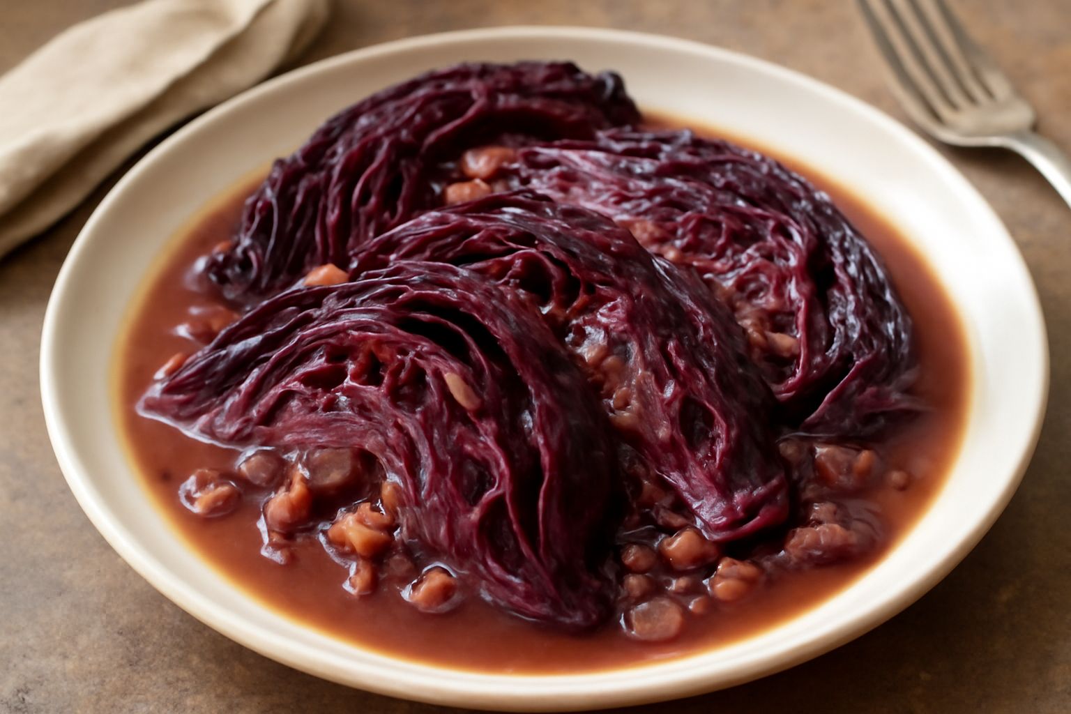 Verza brasata in un piatto bianco fondo, rosso scuro per il sugo con la salsa lucida, spicchi di verza morbidi e traslucidi, cipolla e pancetta visibili tra le foglie, vapore leggero, contorno di pata