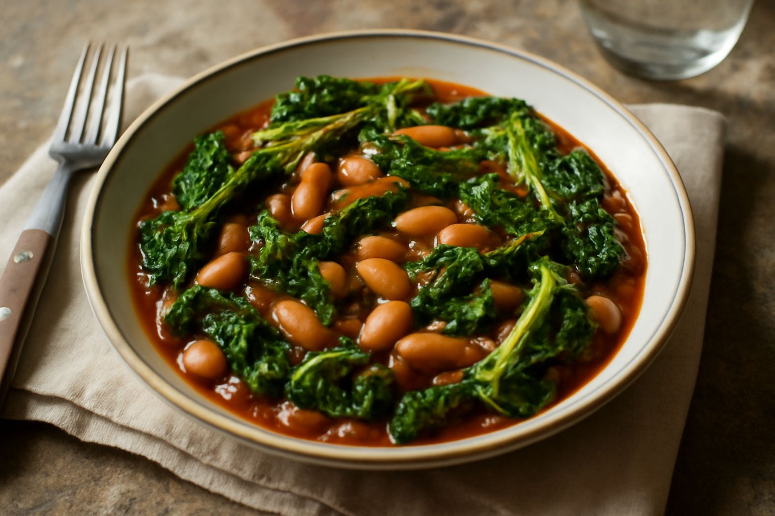 Scodella di verza e fagioli in pentola di terracotta, con foglie di verza verde scuro tagliate a strisce, fagioli bianchi cremosi visibili nella salsa, cipolla e aglio rosso dorato, bordo con prezzemo