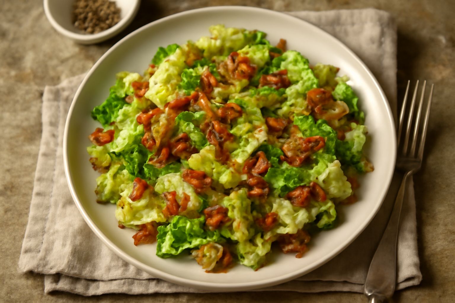 Verza soffritti e caramellata in padella con pancetta croccante dorata, foglie verdi brillanti, guarnizione di pepe nero in ciotola in ceramica grigia
