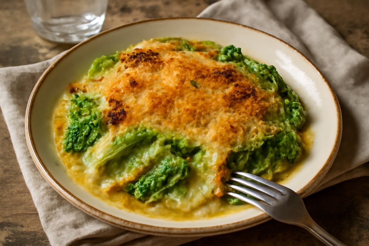 Verza gratinata in una pirofila di ceramica bianca, con superficie dorata e croccante, formaggio filante, spolvero di pangrattato croccante, accompagnata da posate d'argento e un tovagliolo di lino