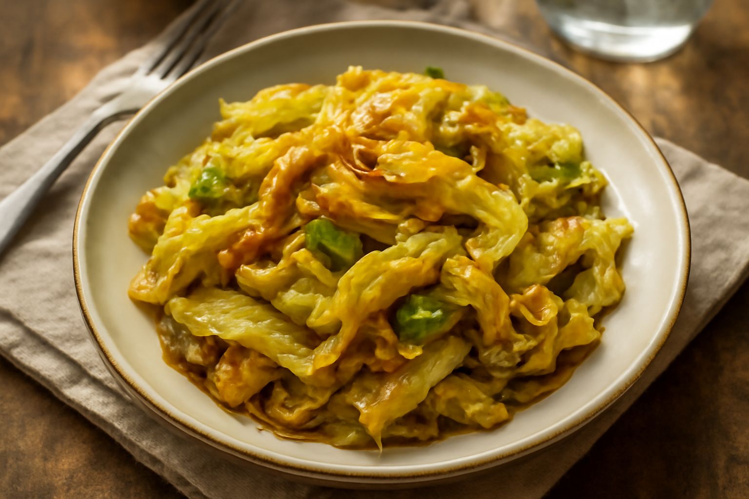 Verza tagliata a striscie leggermente brunita, lucida di glassa agrodolce, servita in piatto bianco con bordo di aceto e zucchero caramellato visibile