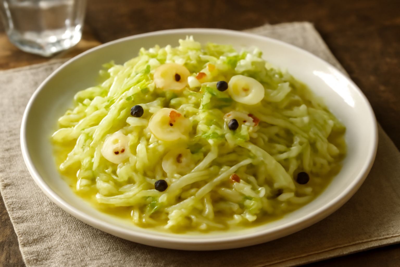 Verza tagliata fine e marinata in una ciotola di vetro trasparente, di colore bianco e verde chiaro, con aglio affettato sottile e peperoncino rosso visibile, condita da un filo d'olio dorato che bril