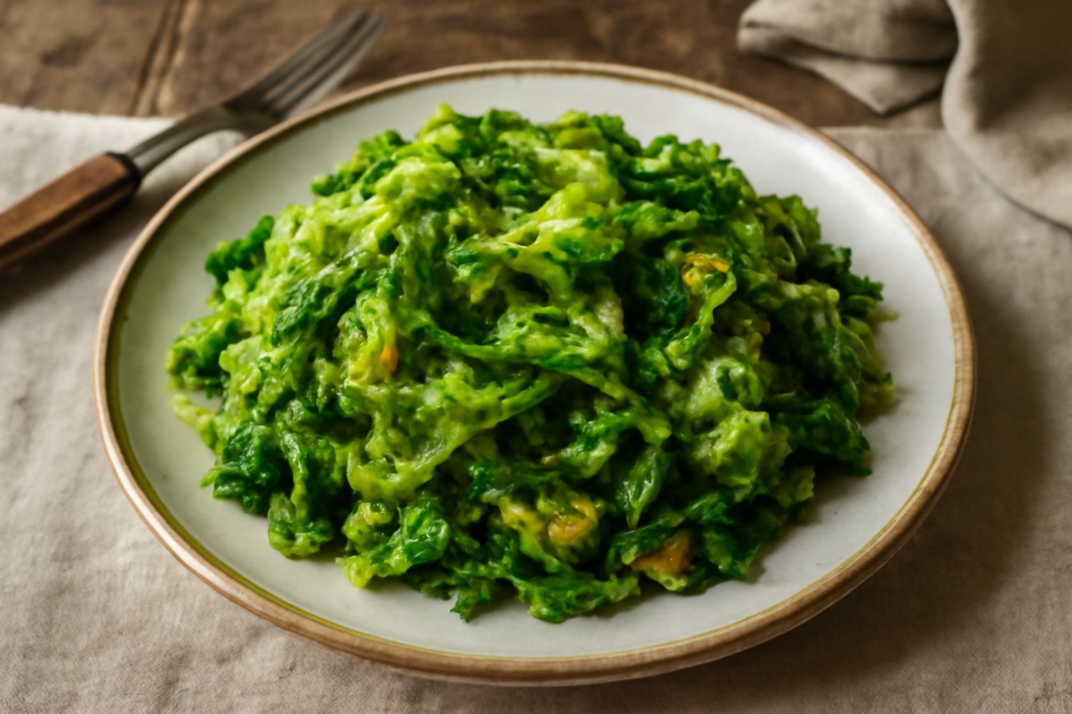 Verza ripassata in un piatto bianco, cavolo a striscioline leggermente appassite dal soffritto, colore verde intenso con sfumature dorate, guarnita con peperoncino rosso e accompagnata da fette di lim