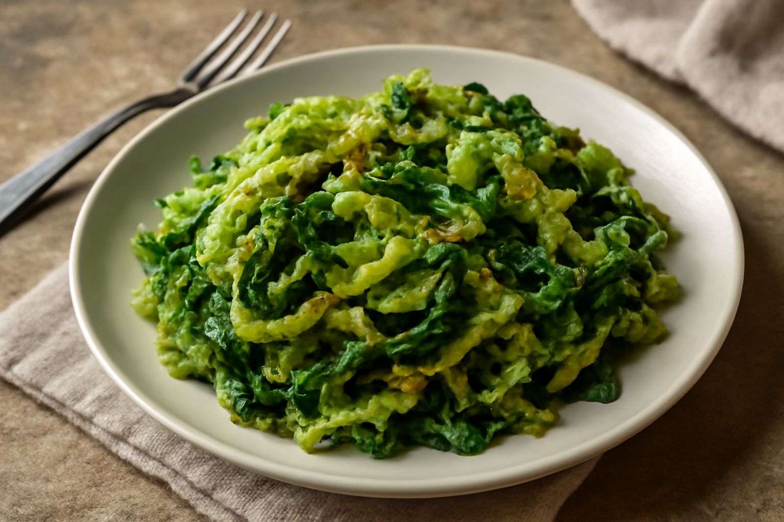 Verza affettata fine, dorata e leggermente croccante in una padella nera, con fili di aglio brunito visibili, olio lucido in superficie, servita in piatto bianco.