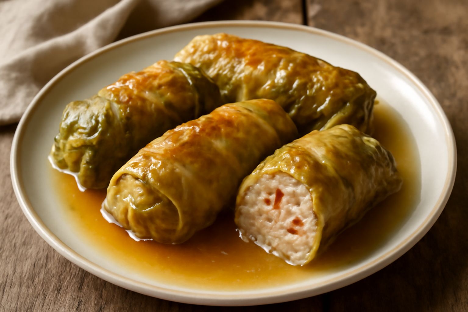 Tre rotoli di verza ripiena dorati e cotti, disposti su un piatto bianco con brodo leggermente gelatinoso intorno, guarniti con prezzemolo fresco verde