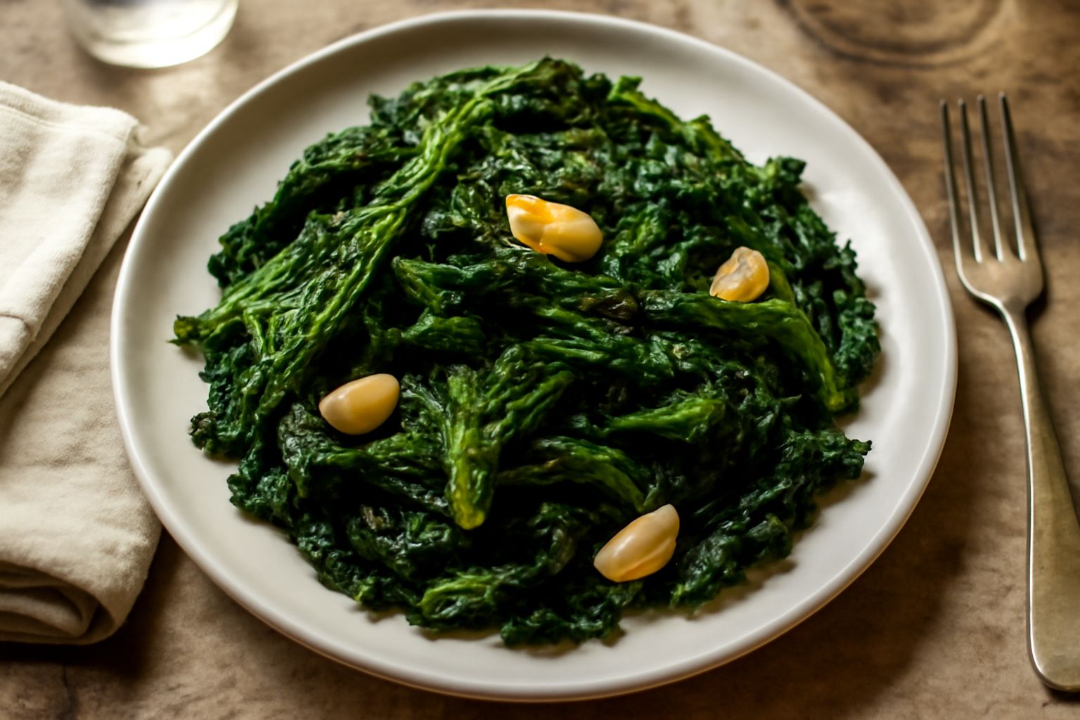 Verza sofegà servita in piatto bianco: foglie di verza verde scuro leggermente appassite e lucidate, disposte senza ordine, con gocce di olio d'oliva, spicchi d'aglio interi visibili tra le foglie, fo