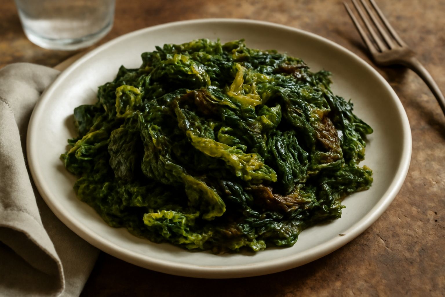 Verza sofegada in una padella di ghisa scura, foglie appassite verde scuro con riflessi dorati, aglio visibile tra le pieghe, gocce di olio trasparente, presa dal lato con fondo rustico sfocato