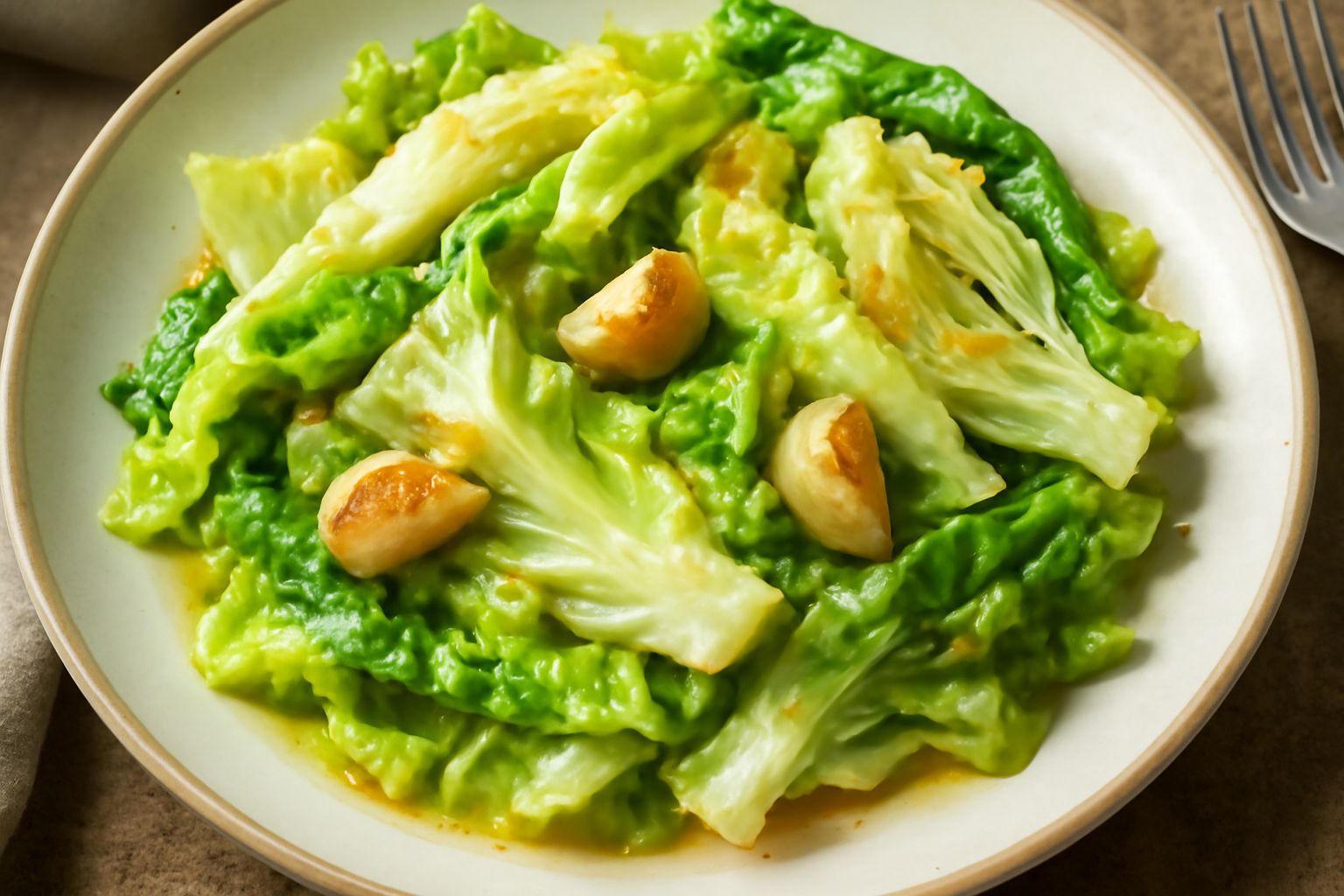 Verza soffritto in piatto bianco con strisce dorate e leggermente appassite, aglio intero dorato, gocce di olio lucente visibili, contorno fumante e fragrante